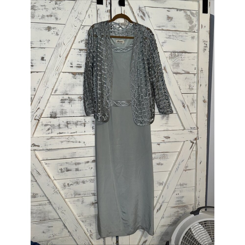 SOULMATES Silk Maxi Dress w/ Jacket L Beaded Lace Formal Wedding Sage Pale Green